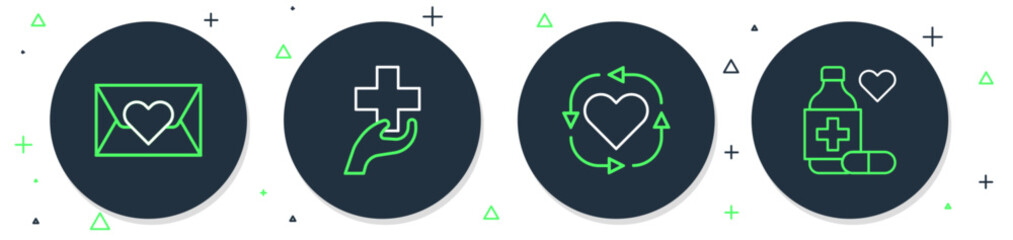 Poster - Set line Heart with cross, Volunteer, Envelope heart and Medicine bottle and pills icon. Vector