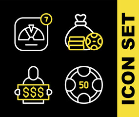 Poster - Set line Money bag, Casino chips, Slot machine spin button and Lucky wheel icon. Vector