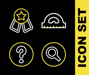 Poster - set line protractor grid, magnifying glass, speech bubbles with question and medal star icon. vector