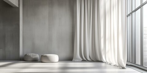 Sticker - White curtains and ottomans in a modern room.