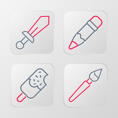 Sticker - Set line Paint brush, Ice cream, Pencil with eraser and Sword toy icon. Vector