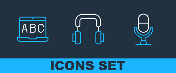 Poster - Set line Microphone voice device, Foreign language online study and Headphones icon. Vector