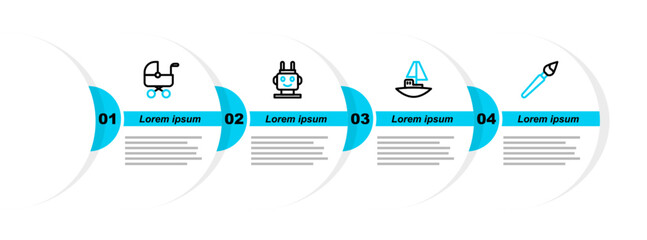 Poster - Set line Paint brush, Toy boat, Robot toy and Baby stroller icon. Vector