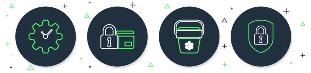 Poster - Set line Credit card with lock, Cooler bag, Time Management and Shield security icon. Vector
