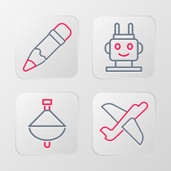 Poster - Set line Toy plane, Whirligig toy, Robot and Pencil with eraser icon. Vector