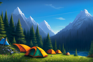 A serene campsite with orange tents in a green meadow by a lake, surrounded by tall pine trees and snow-capped mountains under a clear blue sky.
