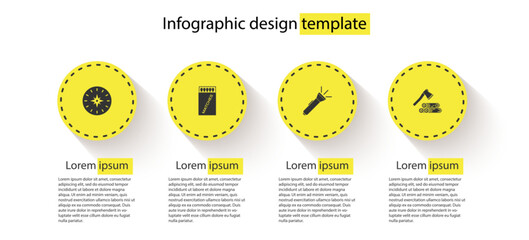 Wall Mural - Set Compass, Open matchbox and matches, Flashlight and Wooden axe wood. Business infographic template. Vector