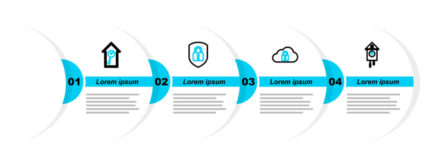 Fototapete - Set line Retro wall watch, Cloud computing lock, Shield security with and icon. Vector