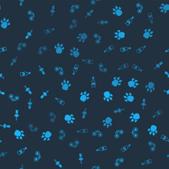 Wall Mural - Set Binoculars, Paw print, Bottle of vodka and Torch flame on seamless pattern. Vector