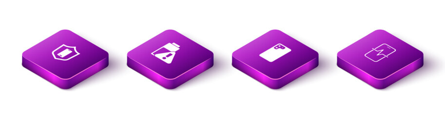 Poster - set isometric mobile with shield, smartphone battery charge, and phone repair service icon. vector