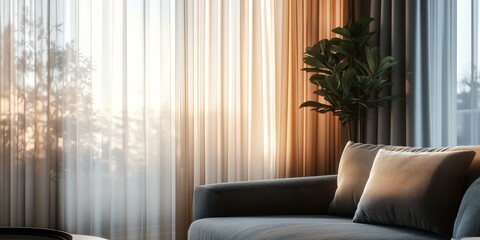 Sticker - Curtains, couch, pillows, plant, and sunlight.