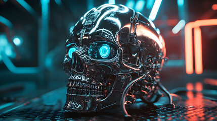 Wall Mural - A futuristic skull with mechanical parts and wires integrated into it, placed on a metallic surface