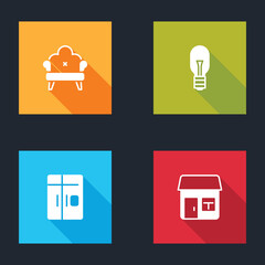 Sticker - Set Sofa, Light bulb, Refrigerator and House icon. Vector