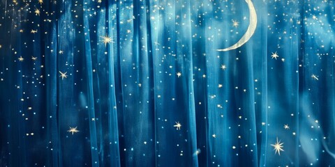 Wall Mural - Blue sheer curtain with stars and moon.