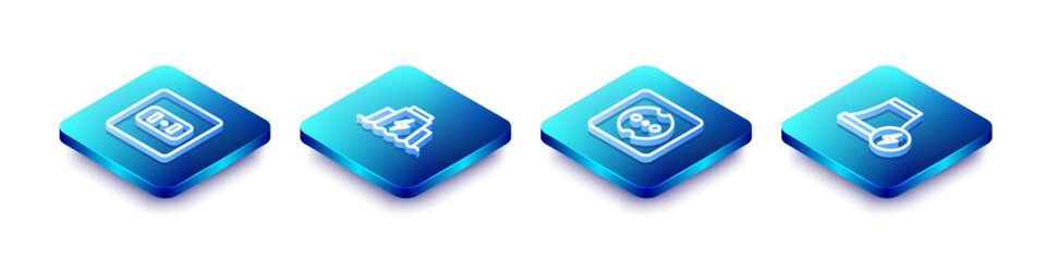 Poster - set isometric line electrical outlet, hydroelectric dam, and nuclear power plant icon. vector