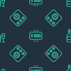 Poster - Set line Money prize in casino, Online poker table game and Champagne bottle with glass on seamless pattern. Vector