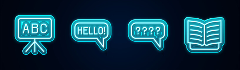 Poster - set line chalkboard, hello in different languages, speech bubbles with question and open book. glowi