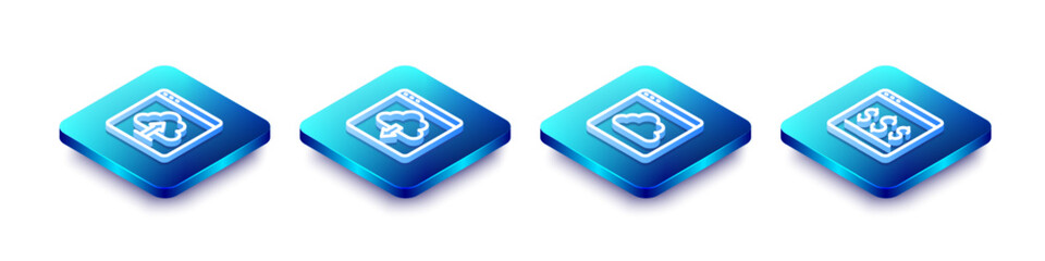 Poster - Set Isometric line Cloud upload, download, technology data transfer and Online shopping on screen icon. Vector