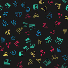Poster - set line download inbox, movie clapper, shit and drill machine on seamless pattern. vector