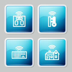 Poster - Set line Smart bathroom scales, thermometer, Wireless keyboard and home with wireless icon. Vector