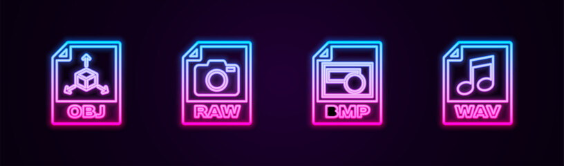 Poster - Set line OBJ file document, RAW, BMP and WAV. Glowing neon icon. Vector