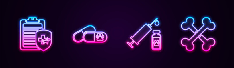 Wall Mural - Set line Clinical record pet, Dog and pills, Syringe with vaccine and Crossed bones. Glowing neon icon. Vector