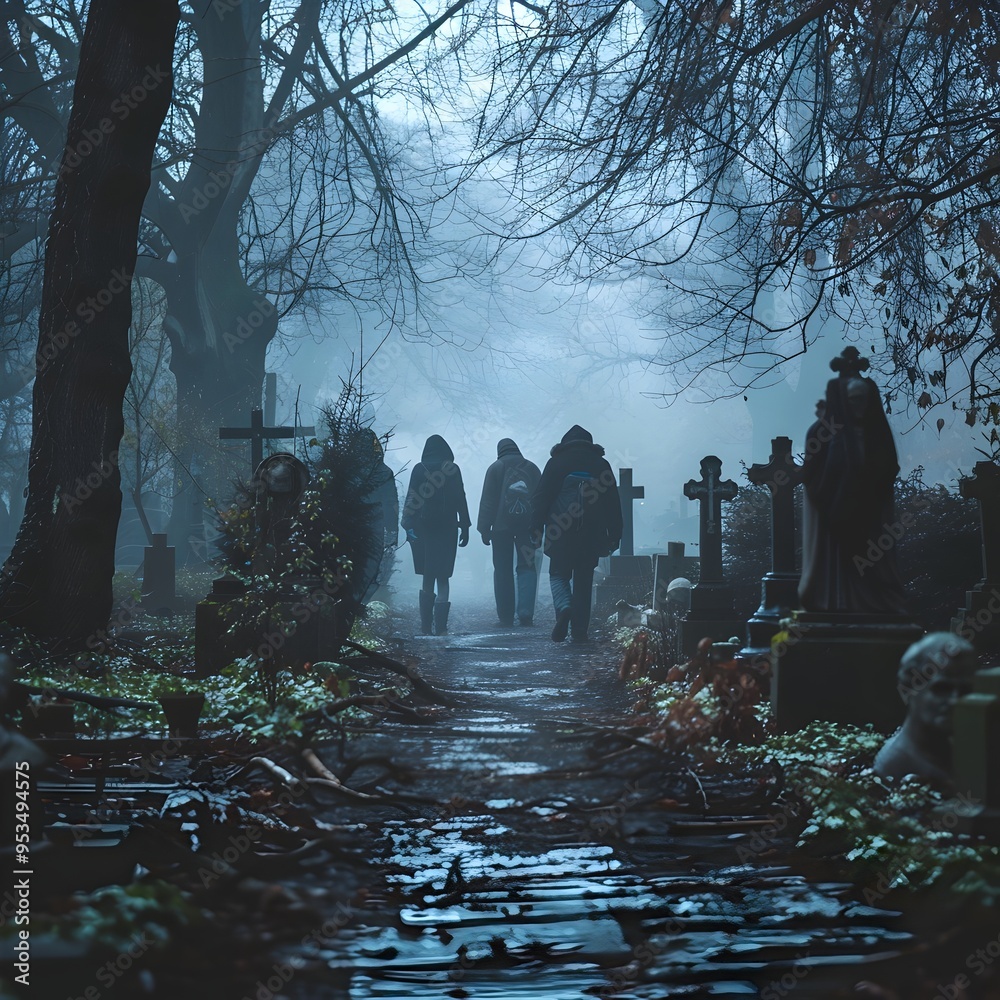 Solemn Funeral Procession in Misty Graveyard Ritual of Saying Goodbye ...