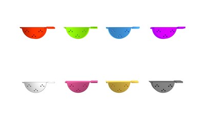 Poster - Colorful Kitchen colander icon isolated on white background. Cooking utensil. Cutlery sign. Minimalism concept. 3D render illustration