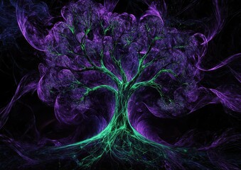 Poster - A tree with purple and green leaves is the main focus of the image