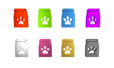 Poster - Colorful Bag of food for pet icon isolated on white background. Food for animals. Pet food package. Dog or cat paw print. Minimalism concept. 3D render illustration