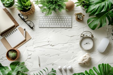 Wall Mural - Top view of beautiful background of desk, with accessories on the sides. Generative AI