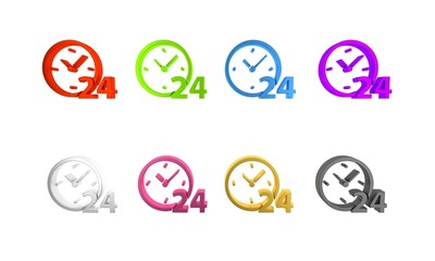 Wall Mural - Colorful Clock 24 hours icon isolated on white background. All day cyclic icon. 24 hours service symbol. Minimalism concept. 3D render illustration