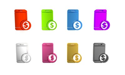 Poster - Colorful Smartphone with dollar symbol icon isolated on white background. Online shopping concept. Financial mobile phone. Online payment. Minimalism concept. 3D render illustration