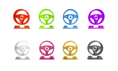 Poster - Colorful Racing simulator cockpit icon isolated on white background. Gaming accessory. Gadget for driving simulation game. Minimalism concept. 3D render illustration