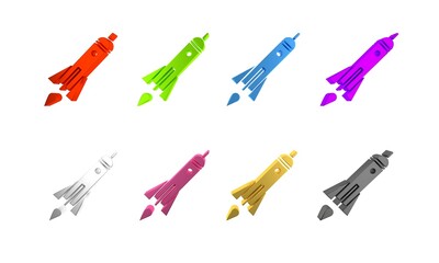 Sticker - Colorful Rocket ship with fire icon isolated on white background. Space travel. Minimalism concept. 3D render illustration