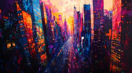 Wall Mural - Abstract Cityscape with Vibrant Colors and a Street of Lights