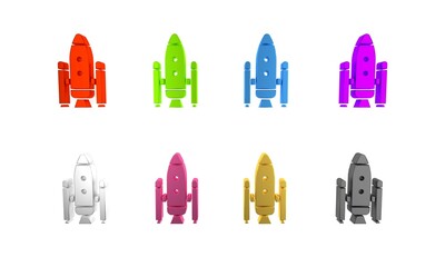 Wall Mural - Colorful Space shuttle and rockets icon isolated on white background. Minimalism concept. 3D render illustration