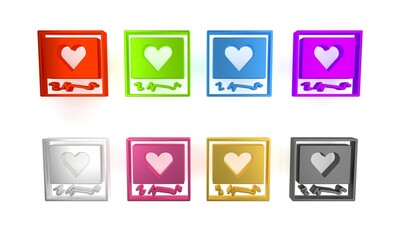 Wall Mural - Colorful Blanks photo frames and hearts icon isolated on white background. Valentines Day symbol. Minimalism concept. 3D render illustration