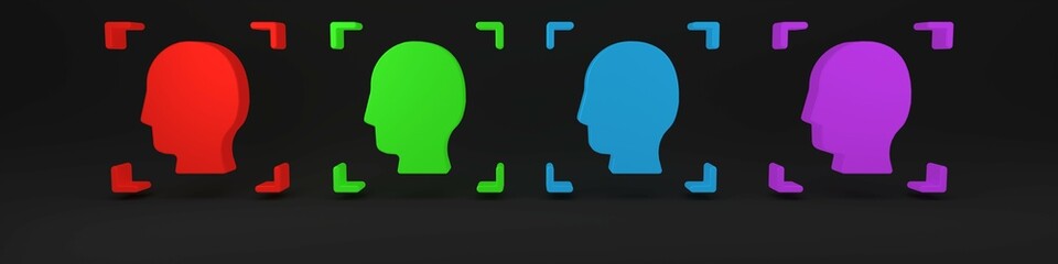 Poster - Colorful Face recognition icon isolated on black background. Face identification scanner icon. Facial id. Cyber security concept. Minimalism concept. 3D render illustration