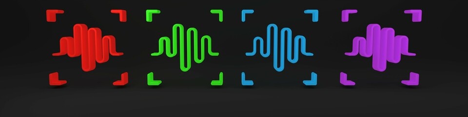 Poster - Colorful Voice recognition icon isolated on black background. Voice biometric access authentication for personal identity recognition. Cyber security. Minimalism concept. 3D render illustration