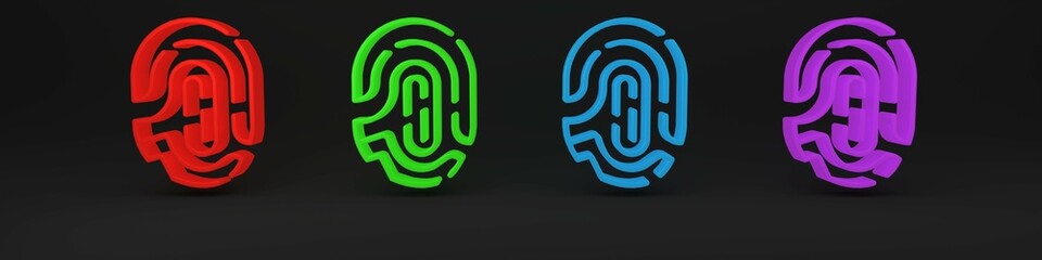 Poster - Colorful Fingerprint icon isolated on black background. ID app icon. Identification sign. Touch id. Minimalism concept. 3D render illustration