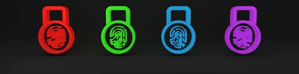 Poster - Colorful Fingerprint with lock icon isolated on black background. ID app icon. Identification sign. Touch id. Minimalism concept. 3D render illustration