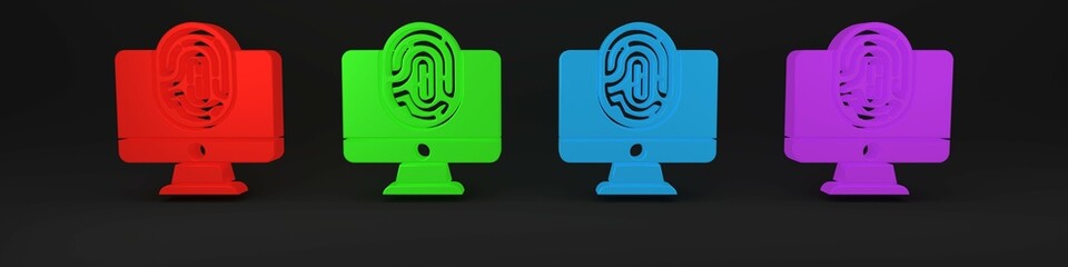 Poster - Colorful Monitor with fingerprint icon isolated on black background. ID app icon. Identification sign. Touch id. Minimalism concept. 3D render illustration