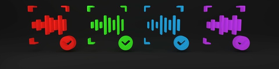 Poster - Colorful Voice recognition icon isolated on black background. Voice biometric access authentication for personal identity recognition. Cyber security. Minimalism concept. 3D render illustration