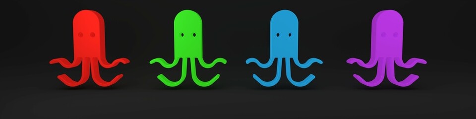 Wall Mural - Colorful Octopus icon isolated on black background. Minimalism concept. 3D render illustration