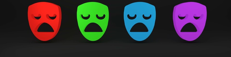 Colorful Drama theatrical mask icon isolated on black background. Minimalism concept. 3D render illustration