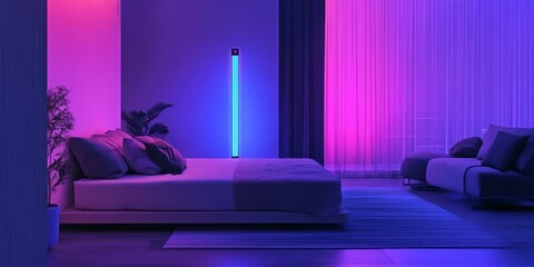 Canvas Print - Modern bedroom with blue and pink lighting.