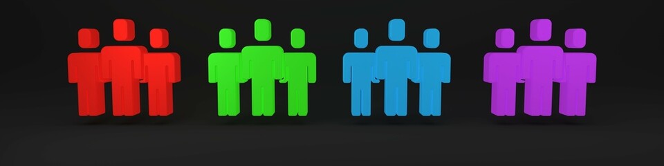 Fototapete - Colorful Users group icon isolated on black background. Group of people icon. Business avatar symbol - users profile icon. Minimalism concept. 3D render illustration