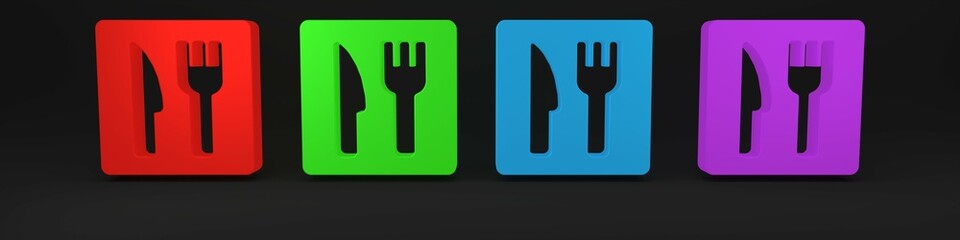 Sticker - Colorful Cafe and restaurant location icon isolated on black background. Fork and spoon eatery sign inside pinpoint. Minimalism concept. 3D render illustration.