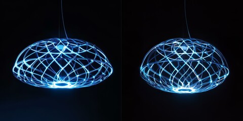 Two glowing blue spherical light fixtures.